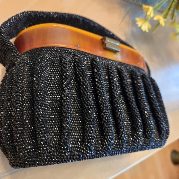 Rare Find Vintage Black Heavily Beaded & Pleated Box Purse 1940s - Picture 8 of 17